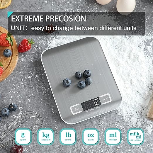Digital Kitchen Scale,Food Scale for Meat Baking Weight,Unit Gram OZ lb Up 11 lb(1g-5KG),Silver Stainless Steel Anti-Fingerprint with Accuracy LCD Display for Cooking White(Include AAA Battery)