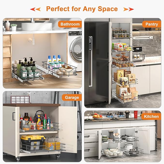 ALINE FURNITURE Pull Out Shelves - 11" W x 22" D Soft Close Pull Out Cabinet Organizer 1 Tier - Slide Out Drawers with Shelf Liner, Heavy Duty Steel Wire Baskets for Kitchen Cabinets, Pantry, Bathroom