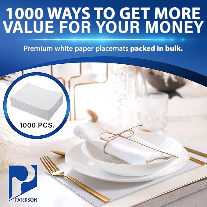 Paterson Paper Placemats Disposable - 10” x 14” Scalloped White - Bulk 1000 Count - Paper Place Mats for Weddings