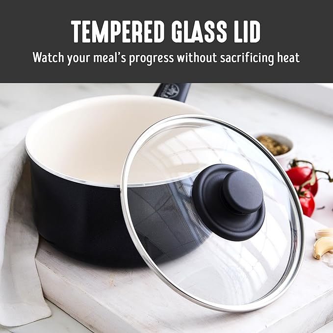 GreenLife 2.5QT Nonstick Saucepan with Glass Lid, Soft Grip, PFAS-Free Ceramic, Multipurpose Chef Pan, Milk & Sauce Cooking Pot, Dishwasher & Oven Safe to 350˚F, Stay-Cool Handle, Black