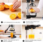 Zulay Kitchen Puplerizer 9 in 1 Cast Iron Juicer - Easy-to-Clean Heavy-Duty Manual Juicer with Presser Attachment to Juice All Types of Fruits! Extra Tall with Stainless Steel Bowl - Black