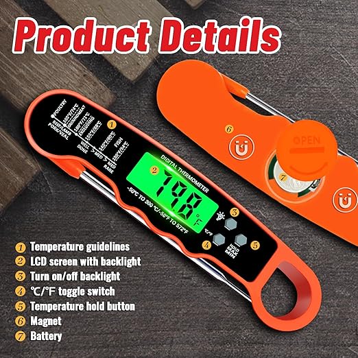 Meat Thermometer Digital, IP67 Waterproof Food Thermometer for Cooking and Baking, Instant Read Meat Thermometer with Backlight, Hold Function & Magnet for Kitchen, Beef, Grill, BBQ, Candy, Turkey