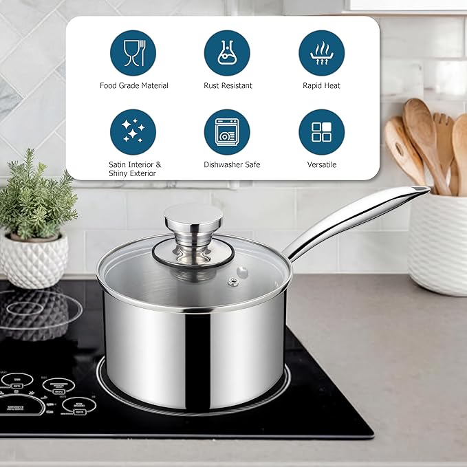 Homikit Stainless Steel Saucepan Set, 1Qt & 2Qt & 3Qt Sauce Pan with Lids 6pcs, Tri-Ply Bottom Induction Compatible Small Cooking Pot kitchen Cookware Set, Dishwasher Safe & Nonstick
