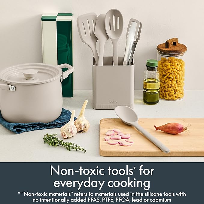 bella 6-Piece Modular Tool Set, Silicone, Turner, Spoon, Slotted Spoon, Spatula, Tongs, Crock with removable divider, Non-toxic*, Food-grade, Heat safe to 425°F, Dishwasher Safe, Slate