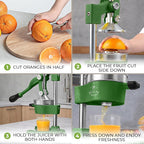 Zulay Kitchen Cast Iron Juicer - Easy-to-Clean Heavy-Duty Manual Juicer, Professional Citrus Juicer - Stainless Steel Lemon Squeezer - Manual Citrus Press & Orange Squeezer - Orange Juicer – Green