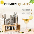 Mixology Bartender Kit with Stand - 15 Piece Bar Tool Set, Silver Bar Set Cocktail Shaker Set for Drink Mixing - Includes Martini Shaker, Jigger, Strainer, Bar Mixer Spoon, Tongs | Gift Idea (Natural)