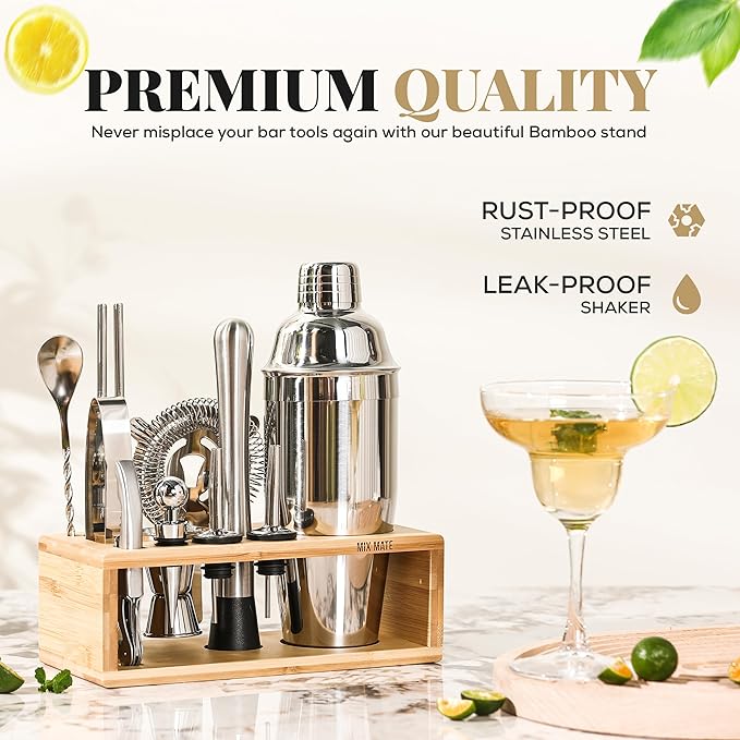Mixology Bartender Kit with Stand - 15 Piece Bar Tool Set, Silver Bar Set Cocktail Shaker Set for Drink Mixing - Includes Martini Shaker, Jigger, Strainer, Bar Mixer Spoon, Tongs | Gift Idea (Natural)
