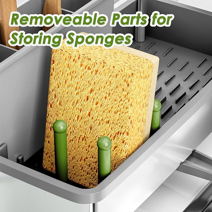 Ewaiira Stainless Steel Sink Caddy, Sponge Holder for Kitchen Sink with Brush Holder Dishcloth Rack, Rustproof Sink Organizer Countertop, Soap Dispenser Kitchen Organizers Storage Essentials, Gray9.8″