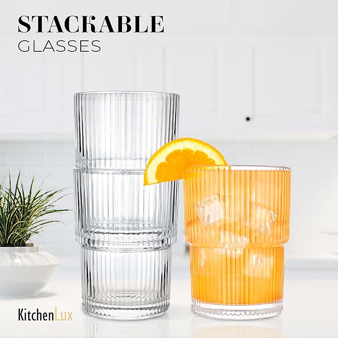 Kitchen Lux Ribbed Drinking Glasses - Ribbed Glass Cups 15 oz - Ribbed Glassware Set of 6 - Textured Vintage Retro Ripple Aesthetic Glass Ware for Whiskey Cocktail Beer Water, Coffee Bar Accessories