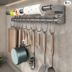 Kitchen Utensil Hanger, Adhesive Kitchen Utensil Rack Holder Wall Mount, 304 Stainless Steel Pots and Pans Hanging Rack with 8 Sliding Hooks, Space Saving and No Drilling, Gray