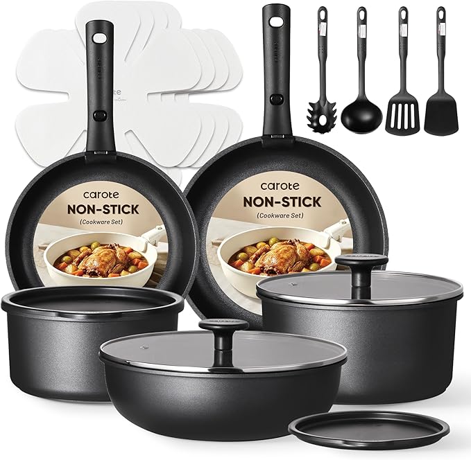 CAROTE 19Pcs Pots and Pans Set Non Stick, Cookware Set Detachable Handle, Nonstick Induction Kitchen Sets Non Stick with Removable Handle, RV Cook Ware, Oven Safe, Black