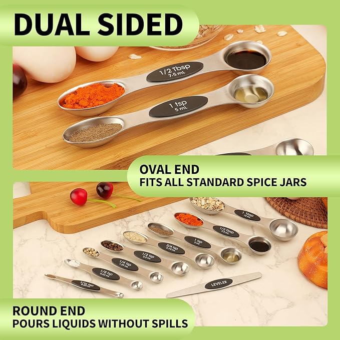 Magnetic Measuring Spoons Set Stainless Steel with Leveler, Dual-Sided Metal Measuring Spoons for Baking & Cooking, Fits in Spice Jars, Must-have Kitchen Gadgets, 8 Measuring Spoons & 1 Leveler, Black