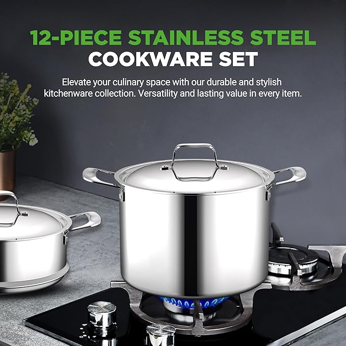 NutriChef Kitchenware Pots & Pans Set - 12 Piece, Clad Kitchen Cookware Set w/Steel Handles, Fry Pan Interior Coated w/ Ceramic Non-Stick Coating, Stylish Kitchen Cookware - NCSSX45
