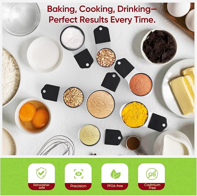 Magnetic Measuring Cups & Spoons Set|304 Stainless Steel Dual Scale Set of 15, Strong N52 Magnetic Nesting Design with Leveler, for Dry&Liquid Ingredients, Dishwasher Safe(Black)