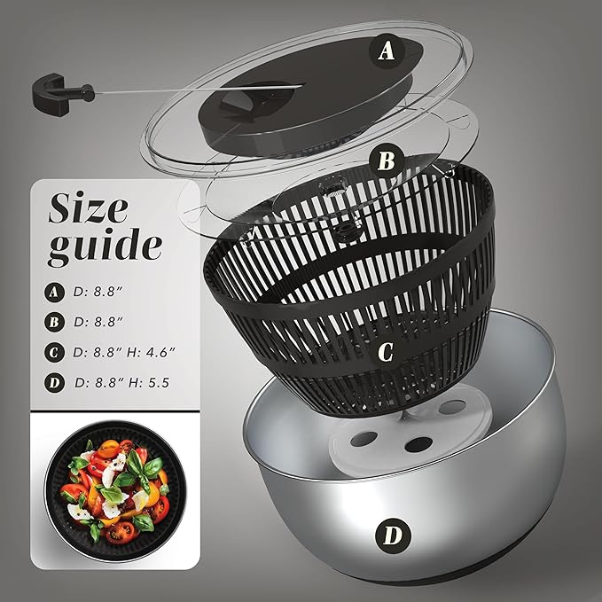 COOK WITH COLOR Stainless Steel Salad Spinner - 5 Qt. Lettuce Washer And Vegetable Spinner Dryer for Easy Salad Prep - Non Slip Base with Pull Handle - Auto Stop Brake System, Stain and Odor Resistant