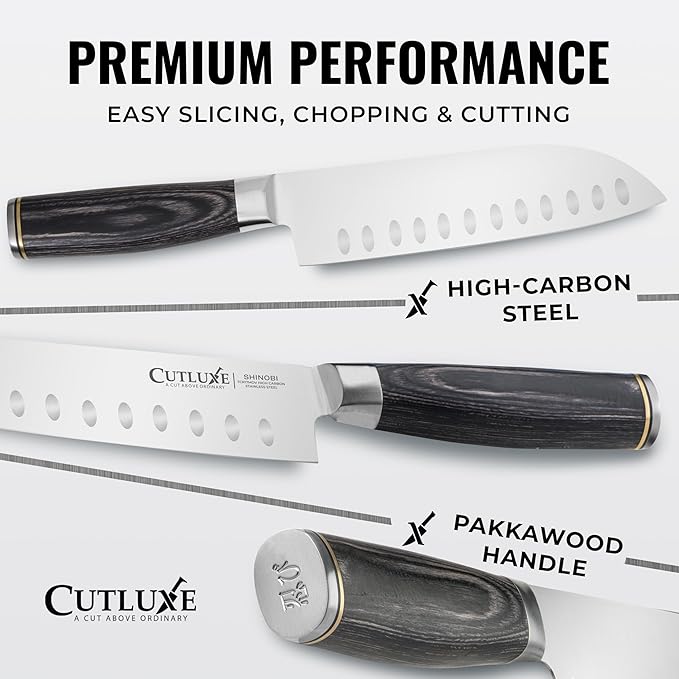 Santoku Knife – Ultra Sharp 7 Inch Meat and Vegetable Japanese Knife for Chopping, High Carbon Stainless Steel Blade, Full Tang Pakkawood Handle – Shinobi Series