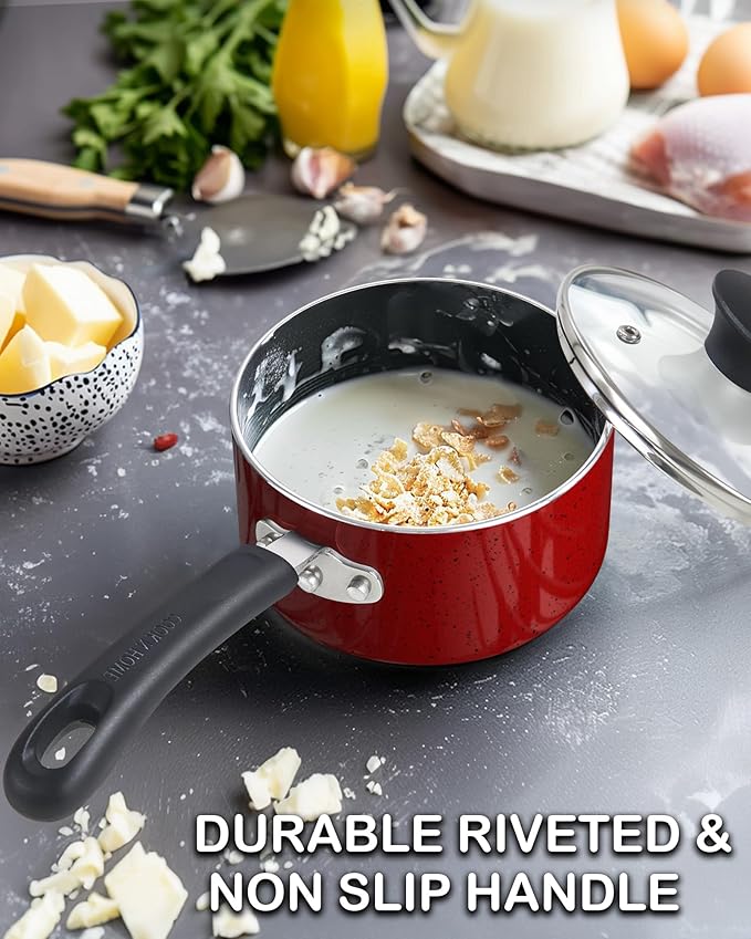 Cook N Home Non Stick Sauce Pan, 3 Quarts Saucepan with Glass Lid, Nonstick Small Multi-purpose Pot, Milk Chocolate Aluminum Cooking Pot Pan with Stay-Cool Handle, Marble Red