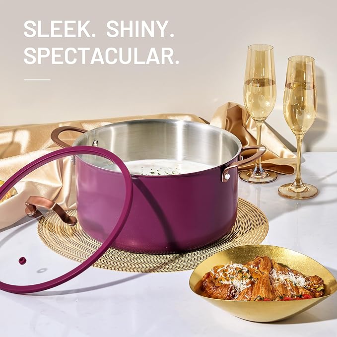 CAROTE 8QT Full Clad Tri Ply Stainless Steel Stock Pot with Lid, Kitchen Stockpot Soup Pot, Outer Ceramic Layer, Even Heating, All Stoves Compatible, Oven & Dishwasher Safe, Stay Cool Handle, Purple