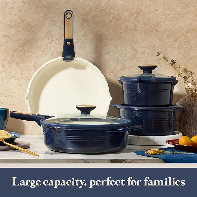 CAROTE 22Pcs Titanium Cookware Set, Pots and Pans Set Non Stick, Kitchen Cooking Set with Detachable Handle, Non Toxic Induction Cookware, Dishwasher/Oven Safe，Blue