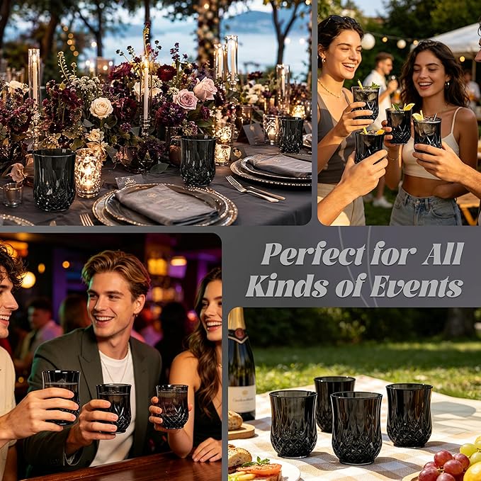 24 Pack Plastic Stemless Wine Glasses,12oz Unbreakable Vintage Elegant Drinking Glass Set,Reusable Fancy Cocktail Cups for Party, Wedding, and Bulk Events (24, 12oz-Black)