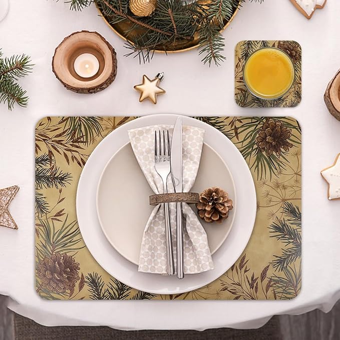 Le courant 16.9in 6PACK Winter Decoration Pinecone Placemats with 6 Coasters, Reversible Faux Leather Easy Clean Waterproof Stain Resistant Place Mats, for Home Party Dining Holiday Table Decor