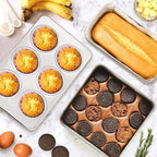 E-far Stainless Steel Baking Pan Set, 9-Piece Bakeware Sets for Cake Cookie Loaf Muffin, Include Round, Square, Rectangle Baking Sheet Pan with Lid & Cooling Rack, Dishwasher Safe