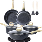GiPP Pots and Pans Set Non Stick - 14Pcs Granite Kitchen Cookware Sets Nonstick Induction Cookware Non-Toxic Cooking Pan Set with Silicone Utensils, PFOS and PFOA Free, Dark Gray