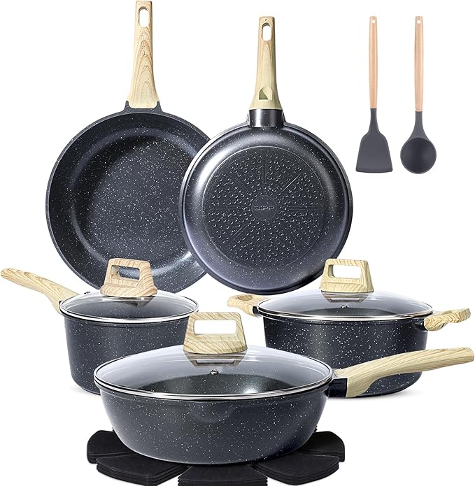 GiPP Pots and Pans Set Non Stick - 14Pcs Granite Kitchen Cookware Sets Nonstick Induction Cookware Non-Toxic Cooking Pan Set with Silicone Utensils, PFOS and PFOA Free, Dark Gray
