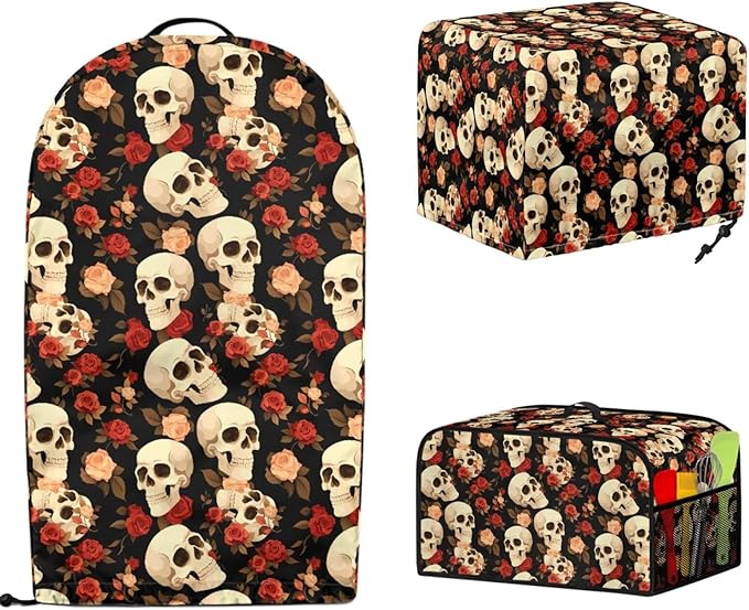 Rose Skulls Kitchen Appliance Covers 3 Pcs Set Gothic Toaster Covers 4 Slice Wide Slot & Blender Cover with Top Handle & Slow Cooker Dust Cover Halloween Decor