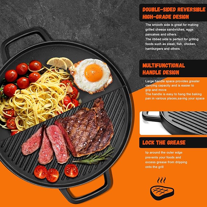 GGC Reversible Cast Iron Griddle, Double-sided Griddle Pan for Stove Tops, Gas Grills and Outdoor Cooking, 14 inch Grill Griddle with Baking Flat and Ribbed