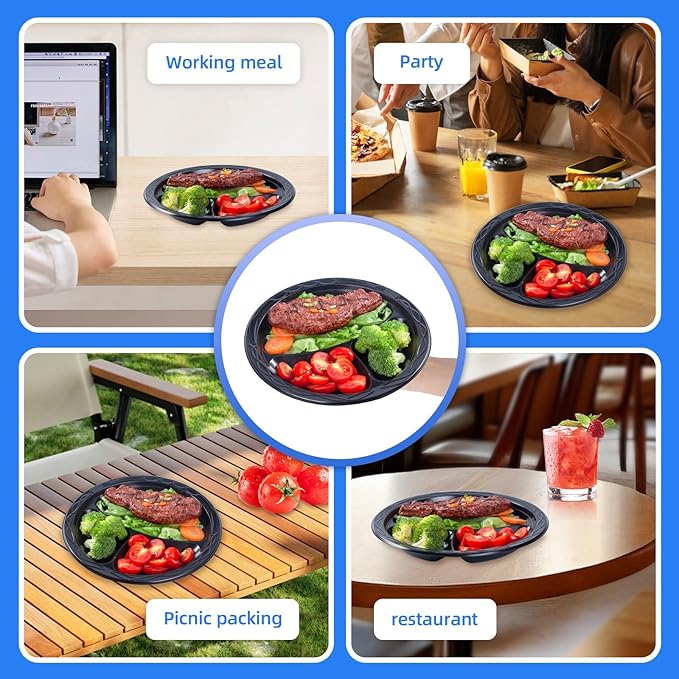 YANGRUI Disposable Plates 10" 150 Pack - Shrink Wrap BPA Free Mineral Filled PP Reusable Microwave Safe | Calcium Carbonate Reinforced Freezer Ready | Commercial Black 3 Compartment Plastic Plate