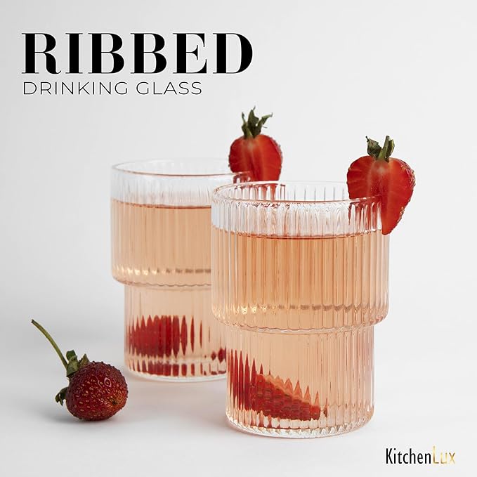 Kitchen Lux Ribbed Drinking Glasses - Ribbed Glass Cups 15 oz - Ribbed Glassware Set of 6 - Textured Vintage Retro Ripple Aesthetic Glass Ware for Whiskey Cocktail Beer Water, Coffee Bar Accessories