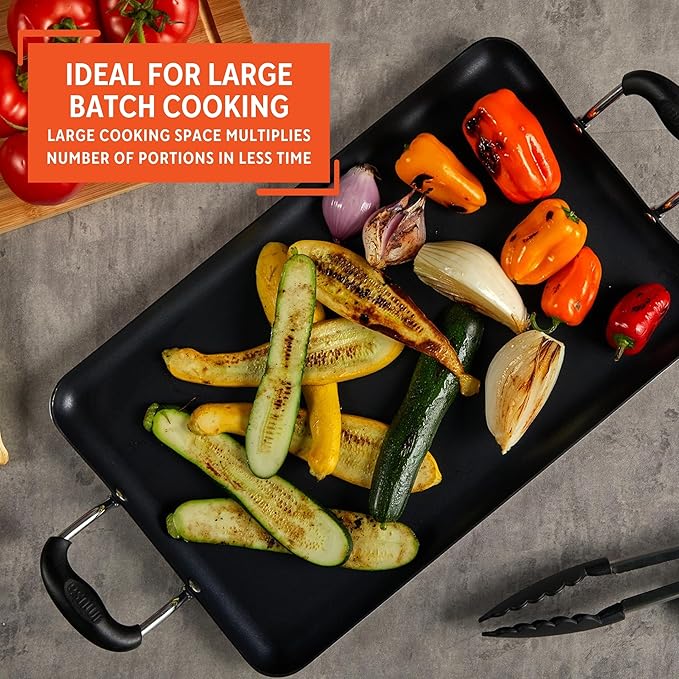 IMUSA 19x12in Aluminum Black Ceramic Double Burner Griddle with Cool-Touch Handles, Nonstick Flat Grill Pan for Pancakes, Eggs, Bacon, and More, Black