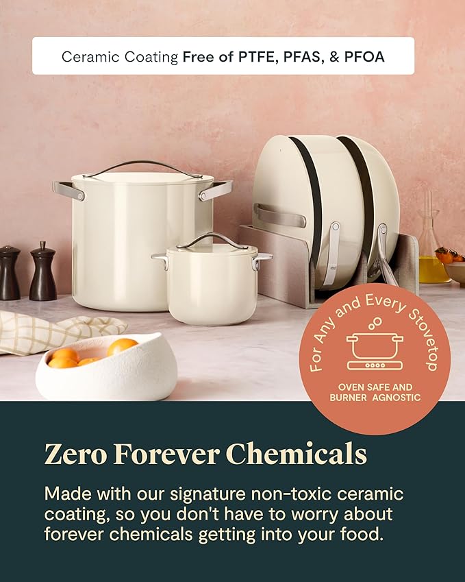 Caraway Cookware+ Collection - Specialty Cookware Set - Petite Cooker, Stir Fry Pan, Rondeau, & Stock Pot - 3 Lids & Storage Organizer Included - Gray