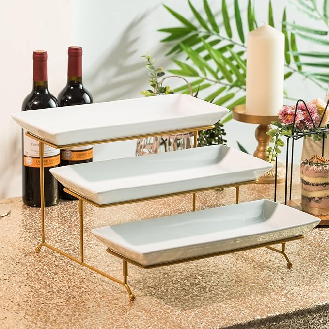 Gomakren 3 Tier Serving Stand with Porcelain Serving Platter Tray - Collapsible Gold Stand with 3 Piece Large14 Inch White Plates for Food Presentation Dessert Server Display and Entertaining