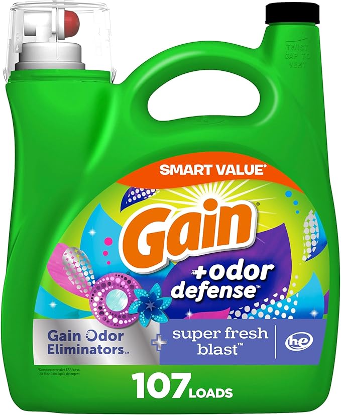Gain + Odor Defense Liquid Laundry Detergent, Super Fresh Blast Scent, 107 Loads, HE Compatible