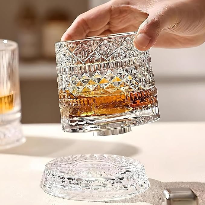 Spinning Whiskey Glasses Set, 360 Degree Rotating Old Fashioned Crystal Tumbler with Unique Relief Base, Rotatable Cocktail Wine Cup for Flavor, Drinking Glassware & Bar Accessories