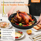 15” Roaster Pan with Lid and Rack, Small Enamel Roaster Pan with Oval Roasting Rack, Granite Baking Pot for Chicken Turkey Lamb, Heat Resistant, Oven/Dishwasher/All Stovestops Compatible