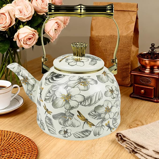 Vintage Enamel Tea Kettle, Dragonfly Floral Pattern Stovetop Teapot with Gold Handle, 2.5L Enamel Kettle Kitchen Decor, Ideal Gift for Housewarming Camping Coffee Pot