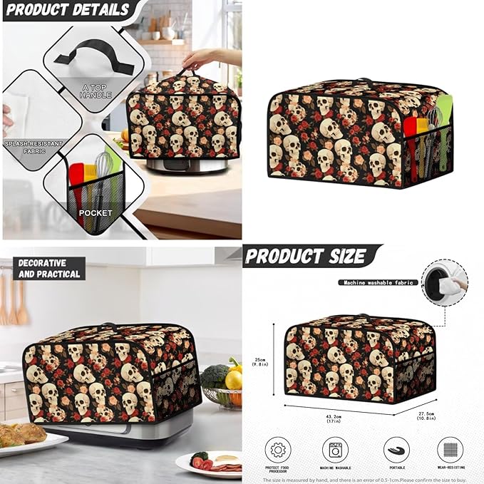 Rose Skulls Kitchen Appliance Covers 3 Pcs Set Gothic Toaster Covers 2 Slice Wide Slot & Blender Cover with Top Handle & Slow Cooker Dust Cover Halloween Decor