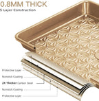 HONGBAKE Nonstick Baking Sheet Pan Set of 3, Cookie Sheets for Oven, Non-Toxic Half/Quarter/Jelly Roll Pans with Floral Swirl Texture, Heavy Duty 0.8mm Thick Oven Trays for Cooking, Antique Gold