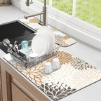 Findosom 2PCS 12" x 20" Dish Drying Mat & 24" x 5.5" Sink Splash Guard, Super Absorbent & Cuttable Dish Mat Drying Kitchen Mat with Brown Floral, Hide Stain Drying Mat for Kitchen Counter