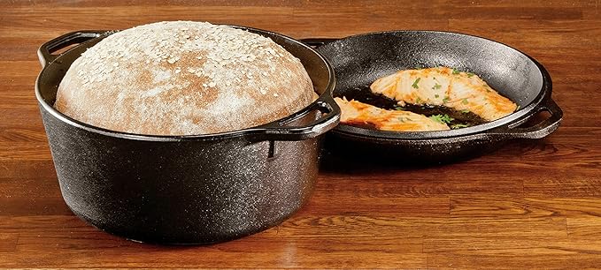 Lodge Cast Iron Double Dutch Oven - Pre-Seasoned 2-in-1 Cast Iron Cookware - Pot & Skillet Combo - Even Heat Retention - Oven-Safe, Versatile Pot - 5 Quart