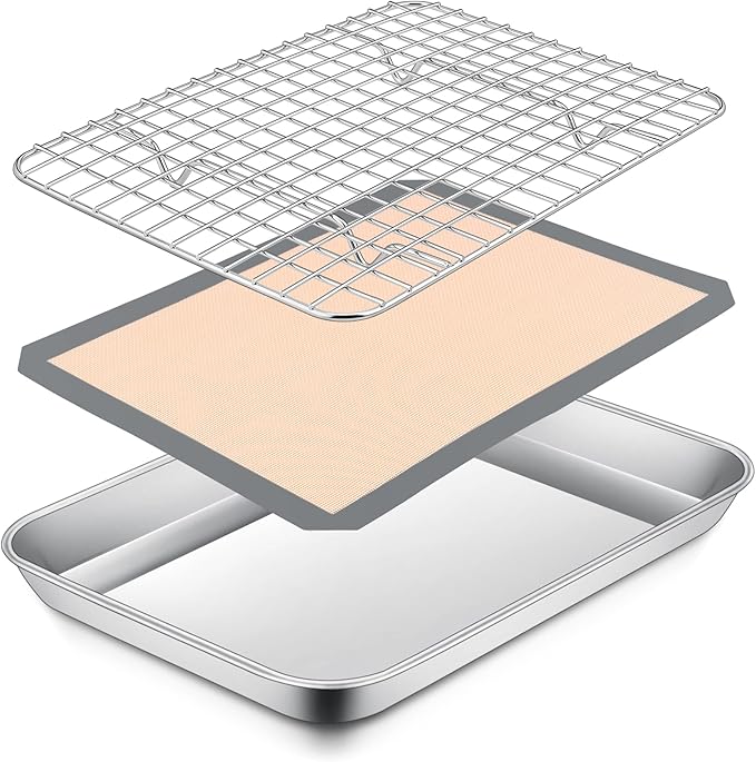 P&P CHEF 10.4 x 8 x 1 Inch Toaster Oven Pan with Grid Rack and Silicone Mat, Stainless Steel Toaster Oven Tray Baking Pan with Cooling Roasting Rack, Dishwasher Safe (3Pcs)