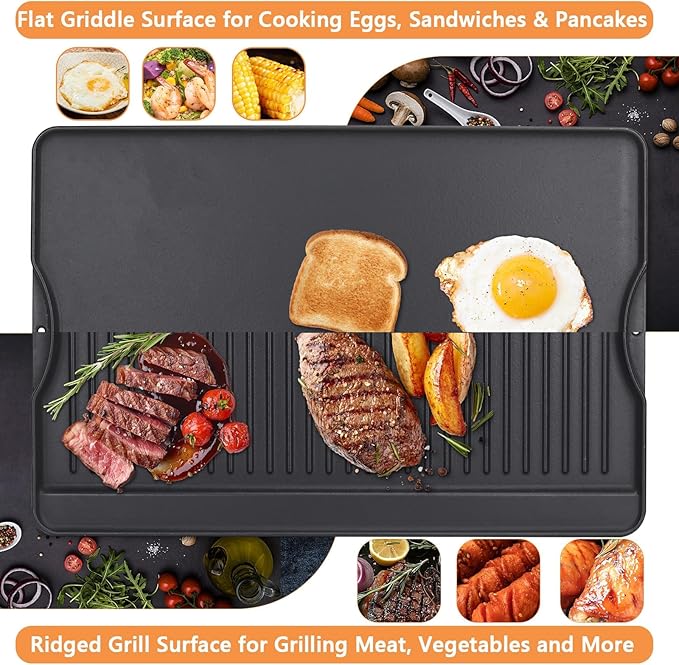 Cast Iron Griddle for Gas Grill, 16" x 24" Reversible Pre-Seasoned Large Flat Top Griddle Plate for Camp Chef etc., Stovetop/Electric/Propane/Charcoal, Outdoor Cooking Oblong Grilling Pan for Camping