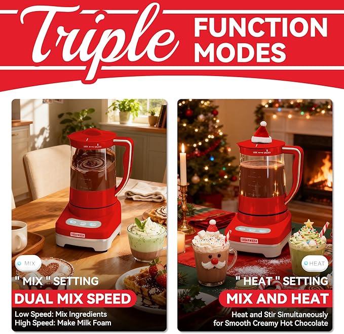 29 Oz Hot Chocolate Maker Machine, Electric Milk Frother and Steamer, Hot Cocoa Maker Machine for Hot Chocolate Bar, Detachable Pitcher, 2 Speed Mode, 3.5 Cups, Red