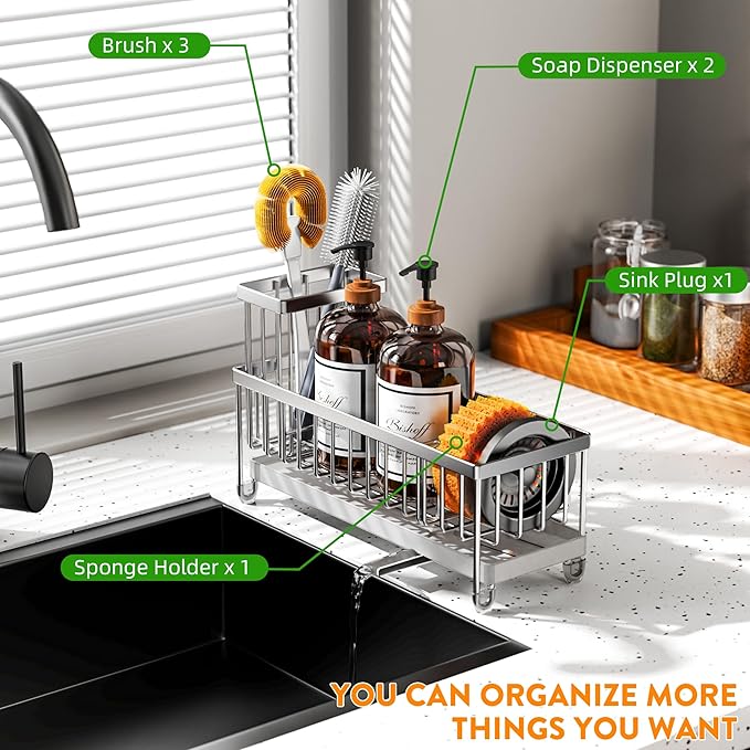 Cisily Sponge Holder for Kitchen Sink, Sink Caddy Organizer with High Brush Holder, Kitchen Countertop Organizers and Storage Essentials, Rustproof 304 Stainless Steel (Silver, 10.62″)