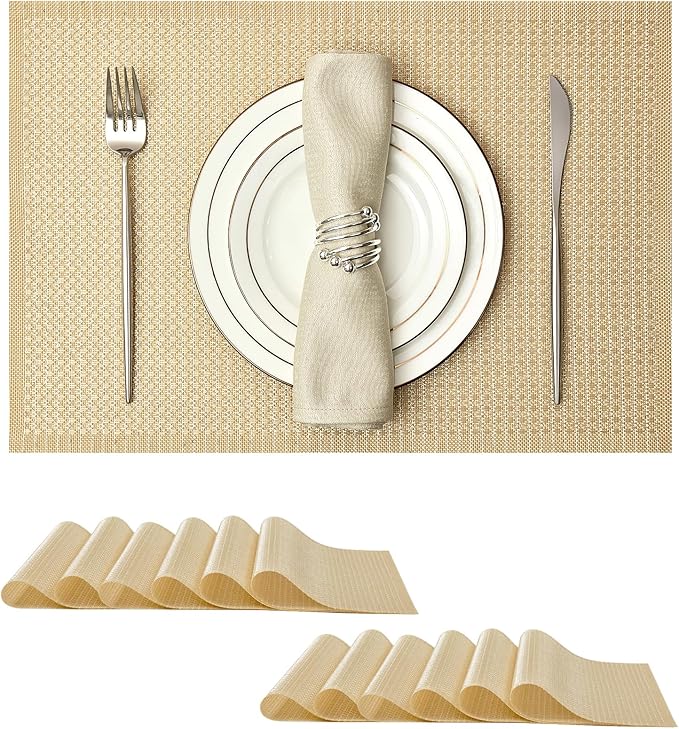 Leetaltree Luxury Gold Sequin Placemats Set of 12 - Waterproof Washable for Wedding, Anniversary, Daily Use - Sparkling Table Decor - Hand-Cut