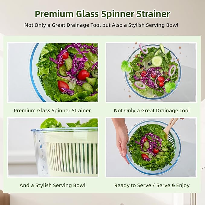Large 5.2 Qt Glass Salad Spinner Vegetable Dryer with Drain Microwave Safe Dishwasher Safe with Transparent Lid Crank Handle Quick Spin Greens Washer for Lettuce Herbs Fruits (off-white)