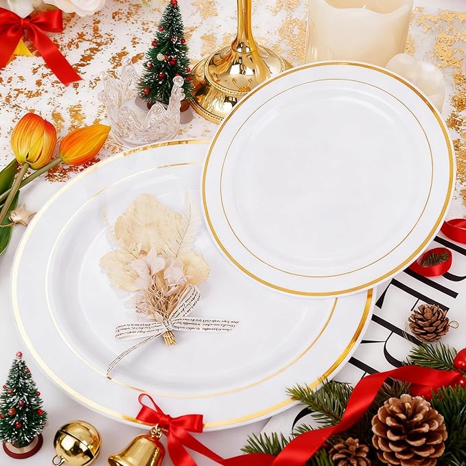 I00000 60 Pieces Gold Plastic Plates, Heavy Duty White and Gold Plastic Plates for 30 Guests Include: 30 Gold Rim Dinner Plates and 30 Gold Dessert Plates Perfect for Wedding, Party & Mother's Day